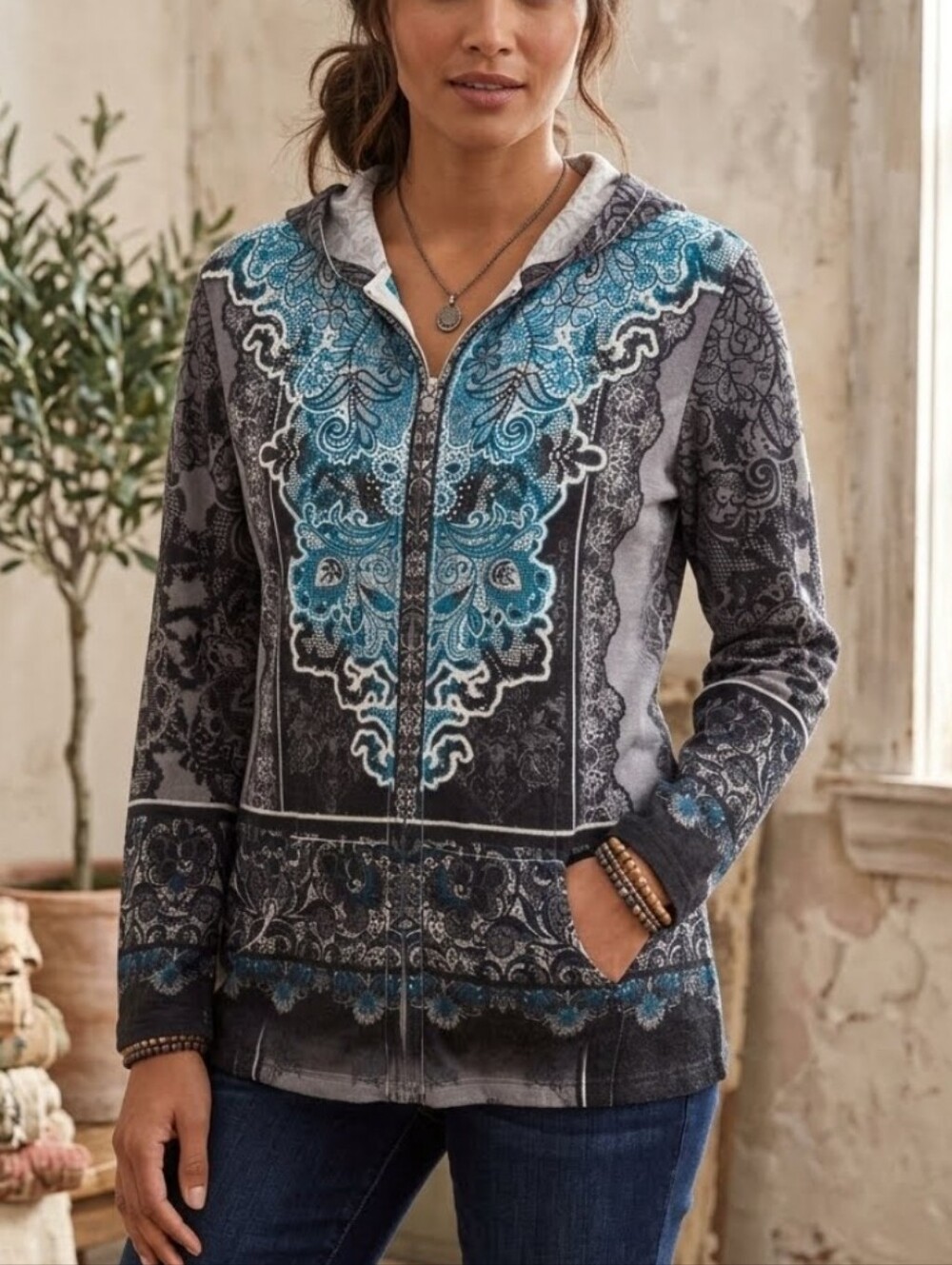 CJ Banks Studded Abstract Printed Hooded Zip Pocketed Jacket in Teal Gray Black